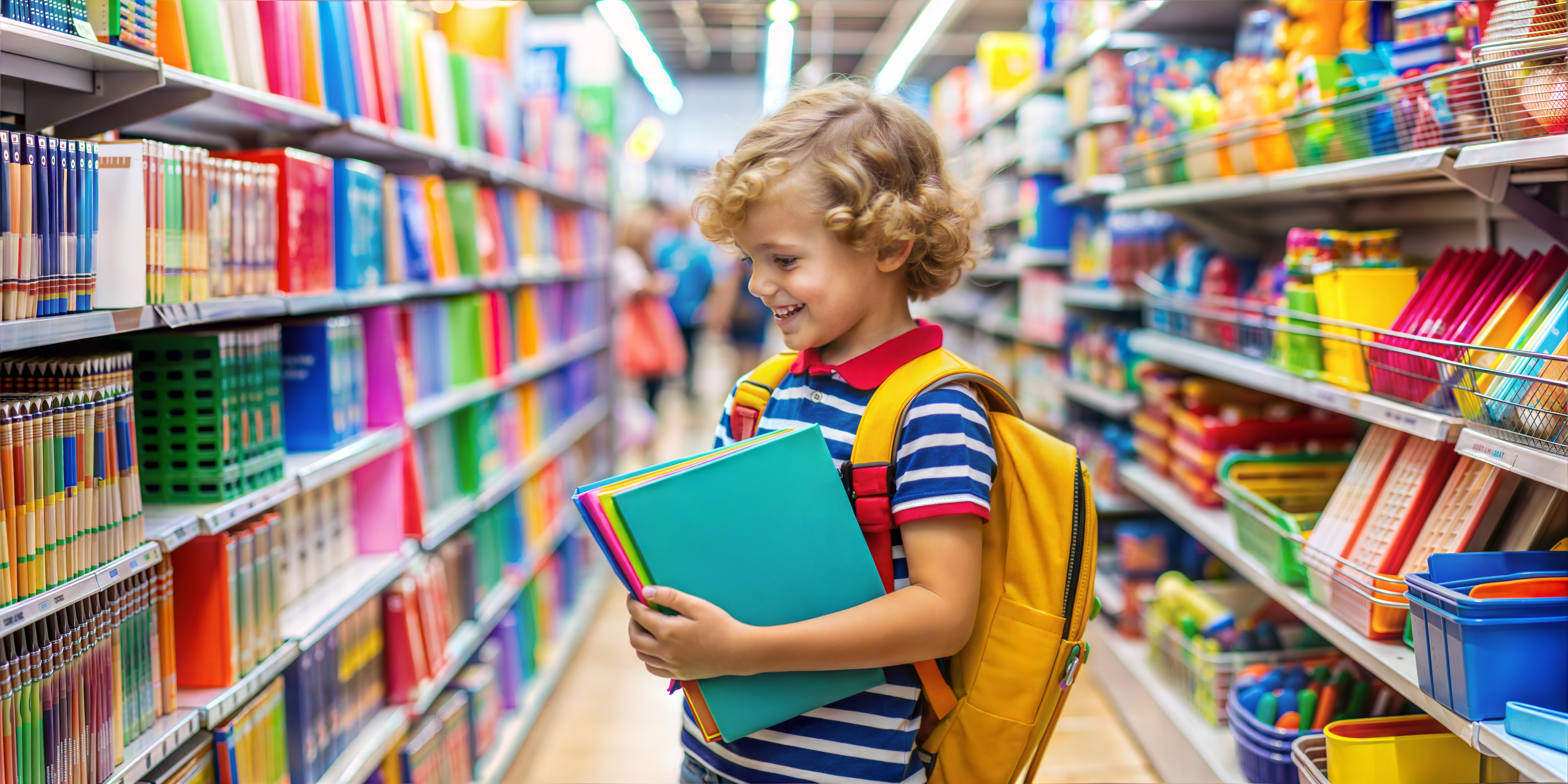 Smiling child with a backpack in a bookstore, selecting colorful exercise books for a new school year, exploring education materials